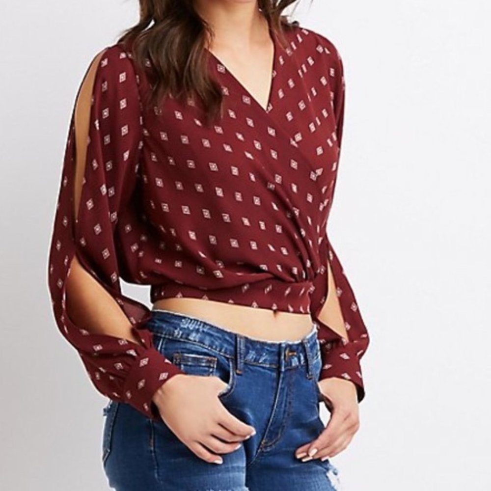 Burgundy Crop Top Blouse with Slit Sleeves and Zipper Back